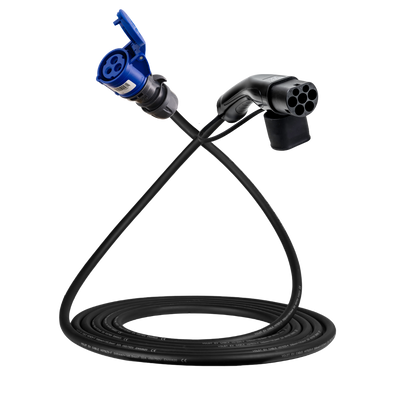 Cable adaptador tipo 2 (lado de la estación de carga) a toma de 16A 3 polos azul tipo comando