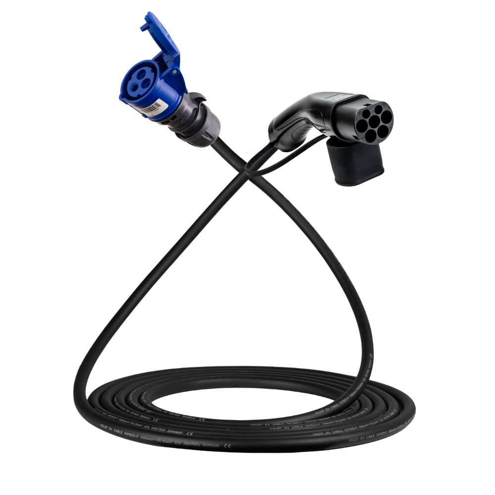 Cable adaptador tipo 2 (lado de la estación de carga) a toma de 3 polos 32A azul tipo CEE