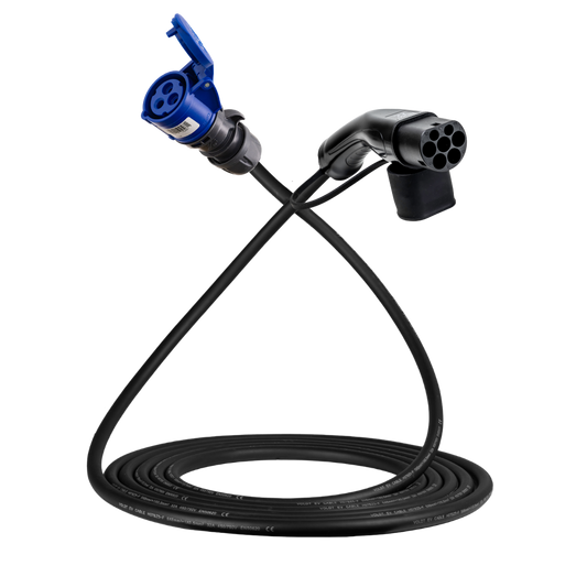 Cable adaptador tipo 2 (lado de la estación de carga) a toma de 3 polos 32A azul tipo CEE