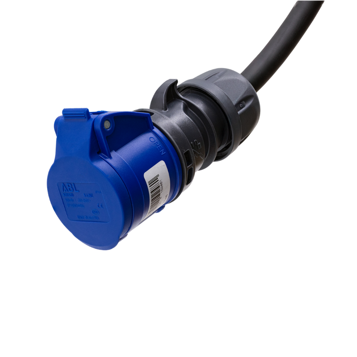 Cable adaptador tipo 2 (lado de la estación de carga) a toma de 16A 3 polos azul tipo comando