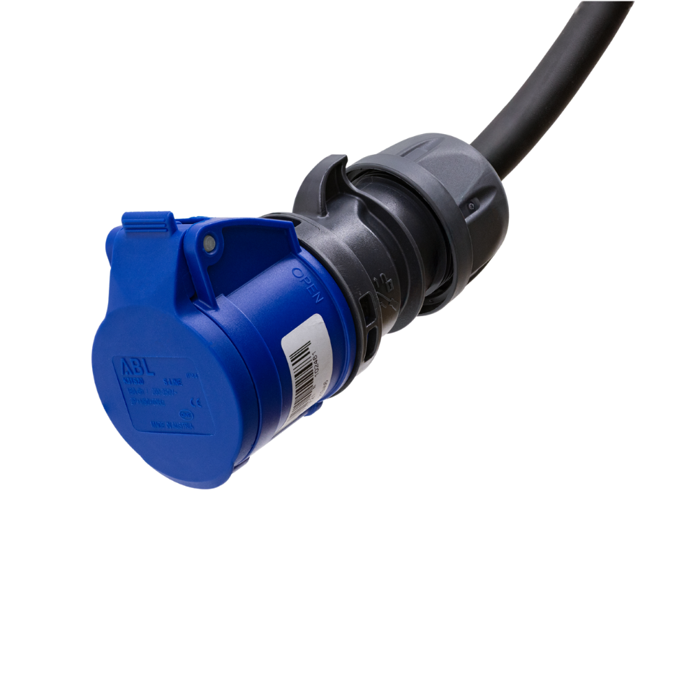 Cable adaptador tipo 2 (lado de la estación de carga) a toma de 3 polos 32A azul tipo CEE