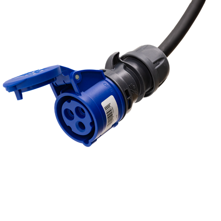 Cable adaptador tipo 2 (lado de la estación de carga) a toma de 16A 3 polos azul tipo comando