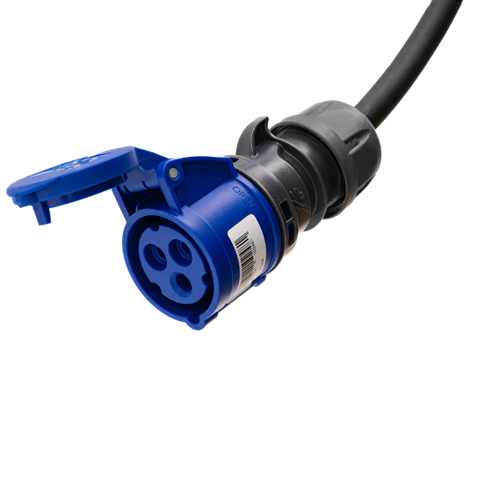 Cable adaptador tipo 2 (lado de la estación de carga) a toma de 3 polos 32A azul tipo CEE