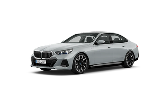 Front three-quarter view of a white BMW i5 compatible with a Voldt Type 2 EV charging cable