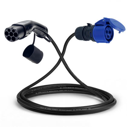 Cable adaptador tipo 2 (lado de la estación de carga) a toma de 16A 3 polos azul tipo comando