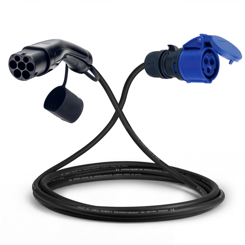 Cable adaptador tipo 2 (lado de la estación de carga) a toma de 16A 3 polos azul tipo comando