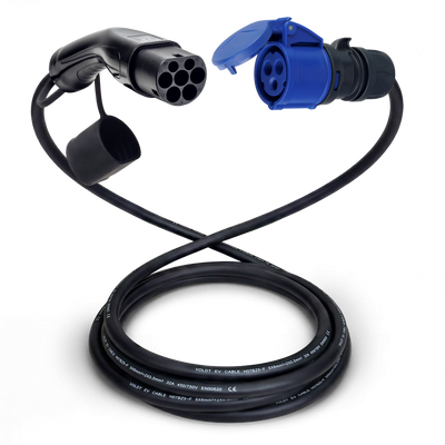 Cable adaptador tipo 2 (lado de la estación de carga) a toma de 3 polos 32A azul tipo CEE