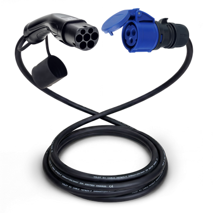 Cable adaptador tipo 2 (lado de la estación de carga) a toma de 3 polos 32A azul tipo CEE