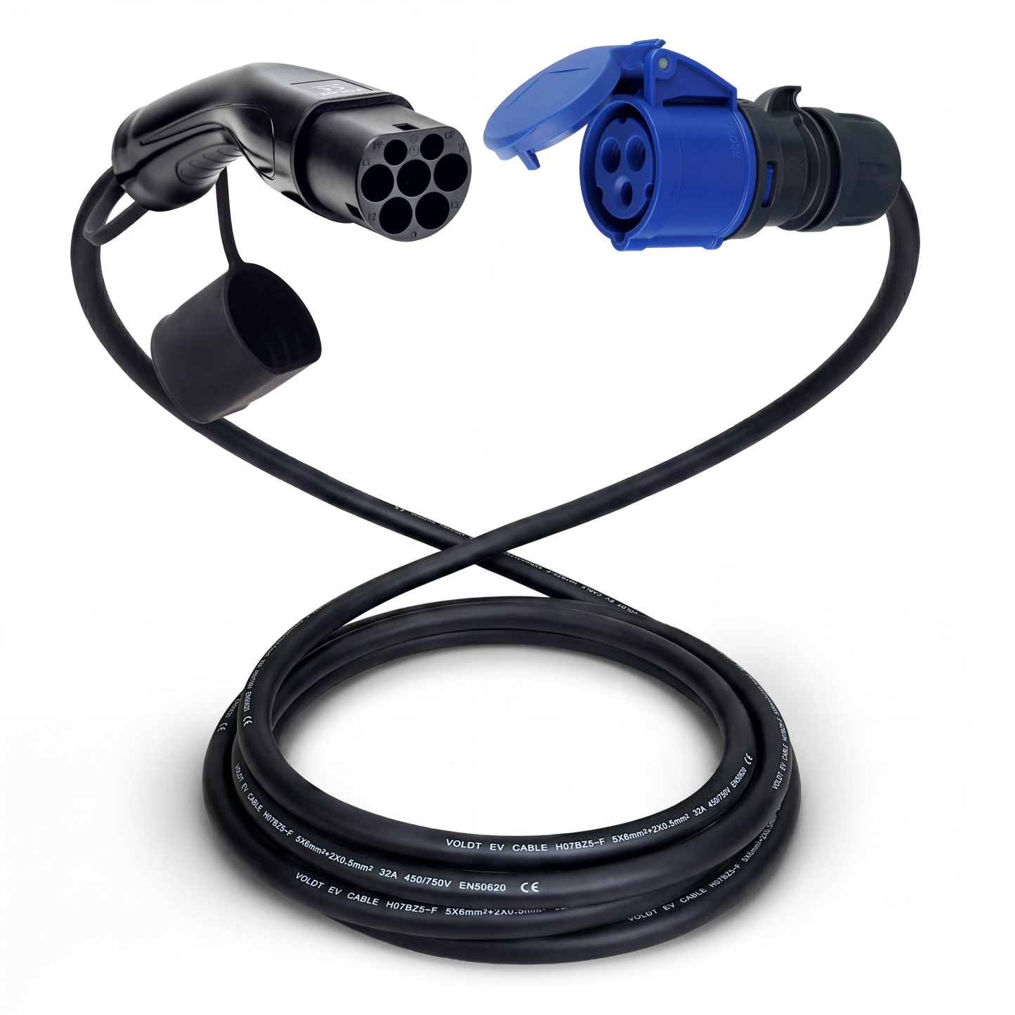 Cable adaptador tipo 2 (lado de la estación de carga) a toma de 3 polos 32A azul tipo CEE